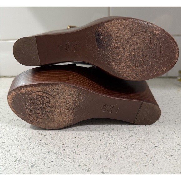 Tory Burch Women’s Wedges Florian Denim Brown Leather Platform Sandals Heels 8M - Picture 10 of 12